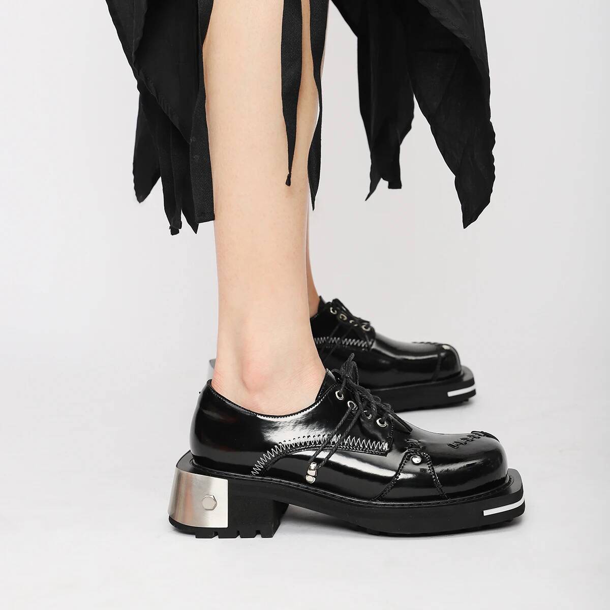 Women'S Shoes Loafers Black - Retro Women Men Metal Genuine Leather