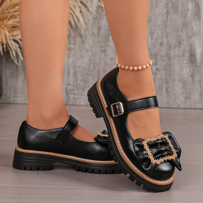 Sweet Bowknot Decoration Thick - Women'S Shoes Loafers Black avis et prix