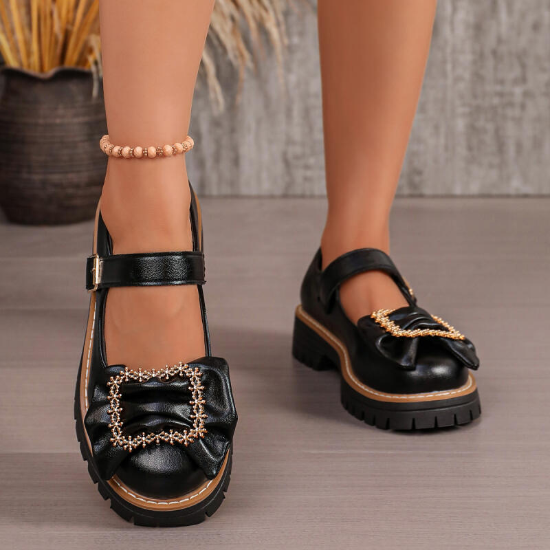 Sweet Bowknot Decoration Thick - Women'S Shoes Loafers Black avis et prix